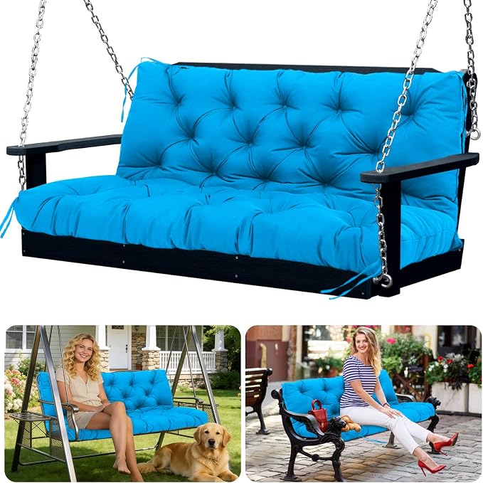 Porch Swing Cushions Waterproof Outdoor Swing Cushions 3 Seater Replacement with Backrest Thicken 5" Swing Bench Cushions Replacement for Outdoor Furniture Patio Lawn Garden (Lake Blue 60x40x5inch)