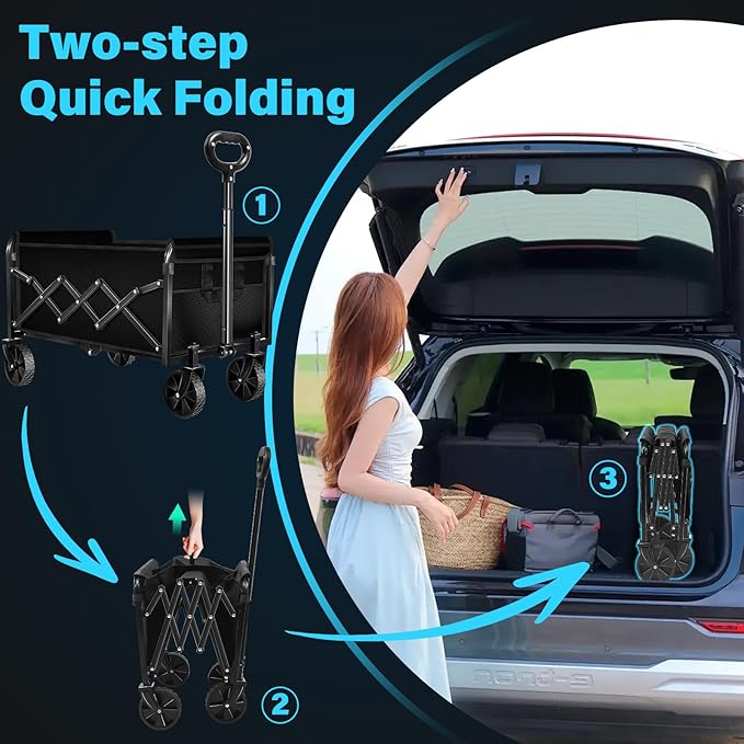 Collapsible Wagon Cart with Wheels Foldable: 360LBS Heavy Duty Folding Utility Wagon - Portable All Terrain Grocery Wagon Cart for Groceries Shopping Outdoor Camping Fishing Sports (Dark Black)