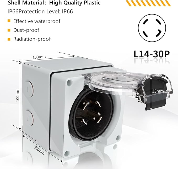 STARELO 30 Amp Generator Power Inlet Box NEMA L14-30P,125/250 Volt 7500W, Outdoor dustproof and Weatherproof for generators, Welding Machines, etc.ETL Listed.(NEMA L14-30P Box)