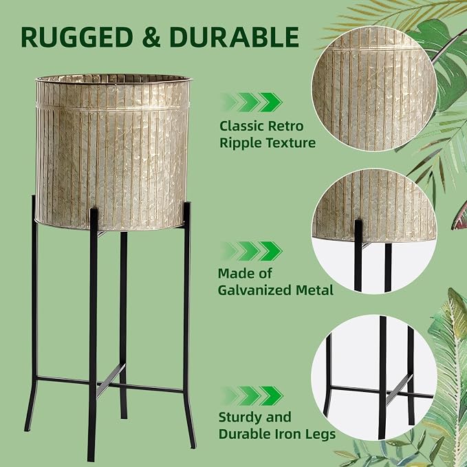 MorningRo Set of 3 Standing Planters 12.8'' 11.5'' 9.5'' Corrugated Galvanized Planters Farmhouse Rustic Plant Stand Metal Flower Pot for Indoor Outdoor Plants Garden Patio Porch Balcony