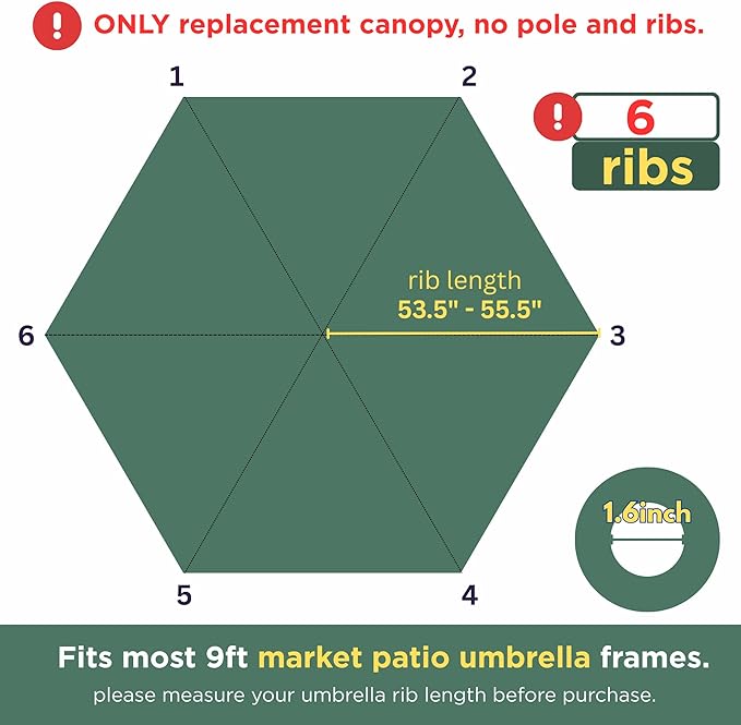 Sfmora 9ft Patio Umbrella Replacement Canopy for 6 Ribs, Outdoor Umbrella Canopy ONLY, Market Umbrella Top, Water-Resistant & UV-Protective