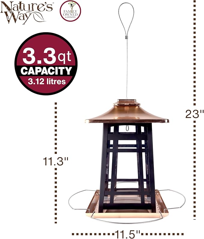 Nature's Way Outdoor Garden Décor Hanging Wild Bird Seed Feeder, Metal Copper Gazebo Feeder, Easy Fill, Rain Drainage, Black and Copper