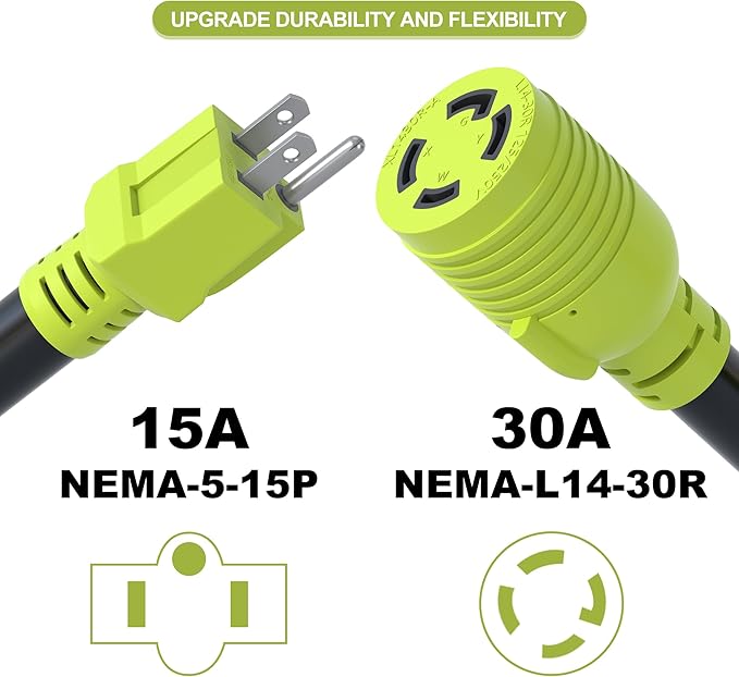 NEMA 5-15P to L14-30R Power Adapter Cord - 15 Amp Male Plug to 30 Amp Female Generator - Household 3 Prong to 4 Prong Twist Lock, STW 10AWG 1FT