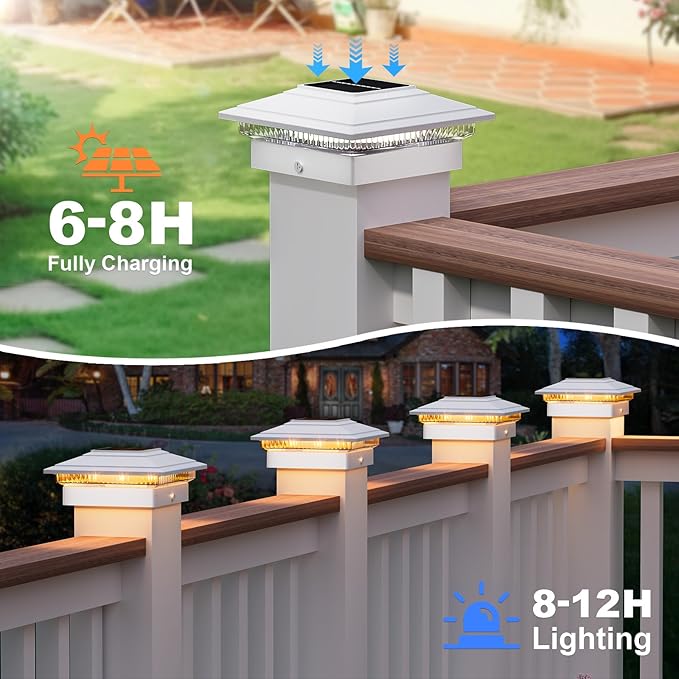 APONUO Solar Post Cap Lights Color Changing - RGB 8 Solid & Gradient Colors, IP65 Waterproof, for 4x4 5x5 6x6 Wood Vinyl Fences, Deck, Patio, Yard, White, 6 Pack