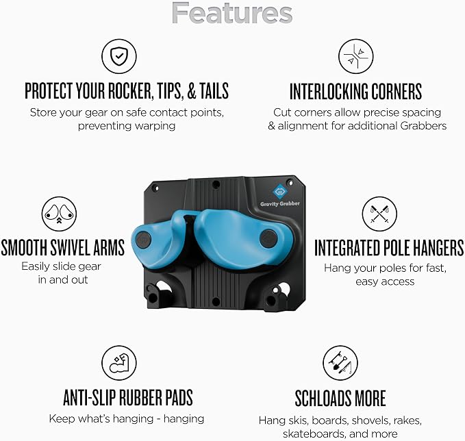 Gravity Grabber - Ultimate Ski & Snowboard Wall Rack | Secure, Non-Slip Storage | Fits Any Ski/Board | Garage Organization | Ski Storage Rack | Snowboard Storage Rack | Winter Gear Organizer | 2 Pck