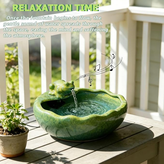 Ceramic Solar Water Fountain with Battery Backup, Solar Powered Water Fountain，Outdoor Water Feature Bird Bath for Garden, Patio & Yard Decor,Working at Night for at Least 6 Hours (Frog).