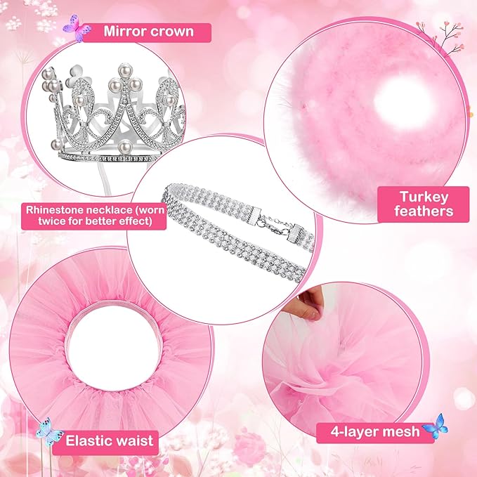 4 Pcs Princess Porch Goose Outfit for 23" 17" Cement Lawn Goose Costume Crown Necklace Tutu Skirt Feather Trim for Princess Outdoor Garden Lawn Art Decor(Pink)