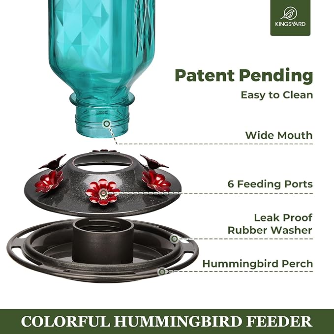 Kingsyard 2 Pack Glass Hummingbird Feeder for Outdoor Hanging, 24 Ounces, 6 Feeding Ports, Bird Nectar Feeder for Garden Décor, Ant Moat Included, Turquoise