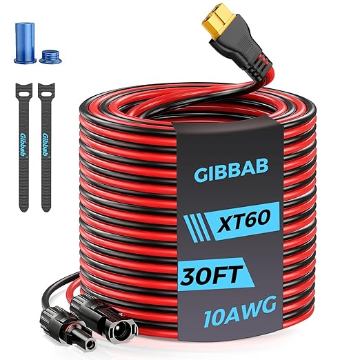 30FT 10AWG XT60 Solar Charging Cable, GIBBAB Solar Panel Connector to XT60 Extension Charge Adapter Cable with Caps & Wire Ties for LiFePO4 Battery RV Portable Power Station Ecoflow Generator