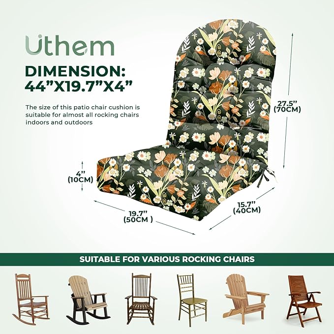 Adirondack Chair Cushion Waterproof Indoor Outdoor Rocking Chair Cushion 44 Inches Patio High Back Chair Cushions Thickened Adirondack Rocking Chair Cushions with Ties, Black Peony