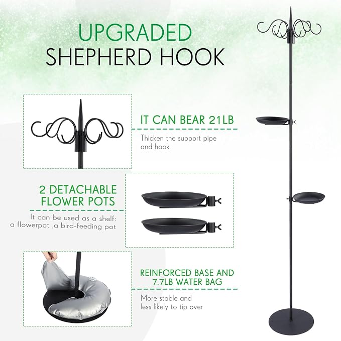 1 Set Upgraded 75.9" Shepherds Hook for Bird Feeder, Hanging Plant Wind Chime Stand, Metal Adjustable Standing Pole Holder for Indoor Outdoor, with 2 Rack & Weight Bag (4 Hooks)