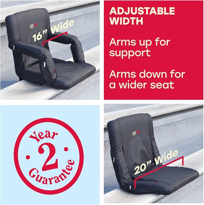 POP Design The Original Hot Seat, Portable Heated Stadium Seat for Bleachers, Reclining Arm and Back Support, Thick Cushion (USB Battery Not Included)