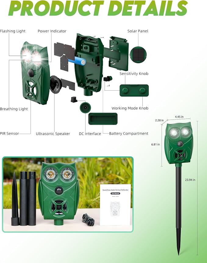 Solar Ultrasonic Animal Repellent with Motion Sensor - Waterproof Deer Repellent Device with LED Lights for Yard, Effective Against Deer, Coyotes, Raccoons & Cats