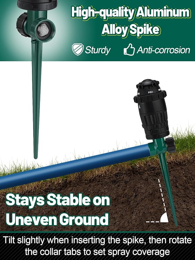 Sturdy Aluminum Alloy Spike Sprinklers for Yard - Adjustable Spray Coverage & 5 Spray Patterns Lawn Sprinkler, Efficient Irrigation System for Medium Garden Uneven Ground