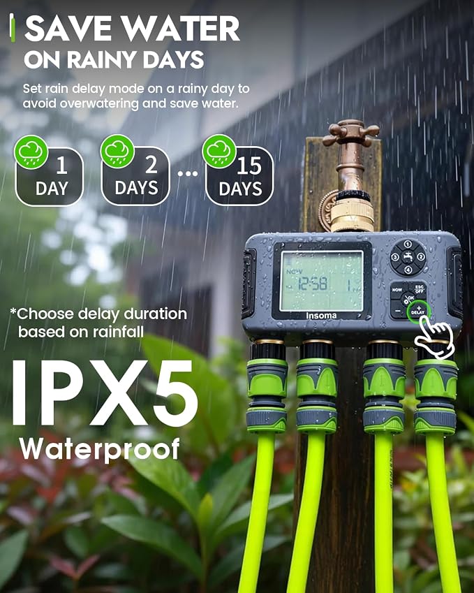 Insoma Water Timer 4 Zones with Brass Inlet & Outlet, Automatic Garden Hose Timer with Manual/Rain Delay & Large Display, IPX5 Waterproof Faucet Timers for Sprinkler System, Yard, Lawn, Greenhouse