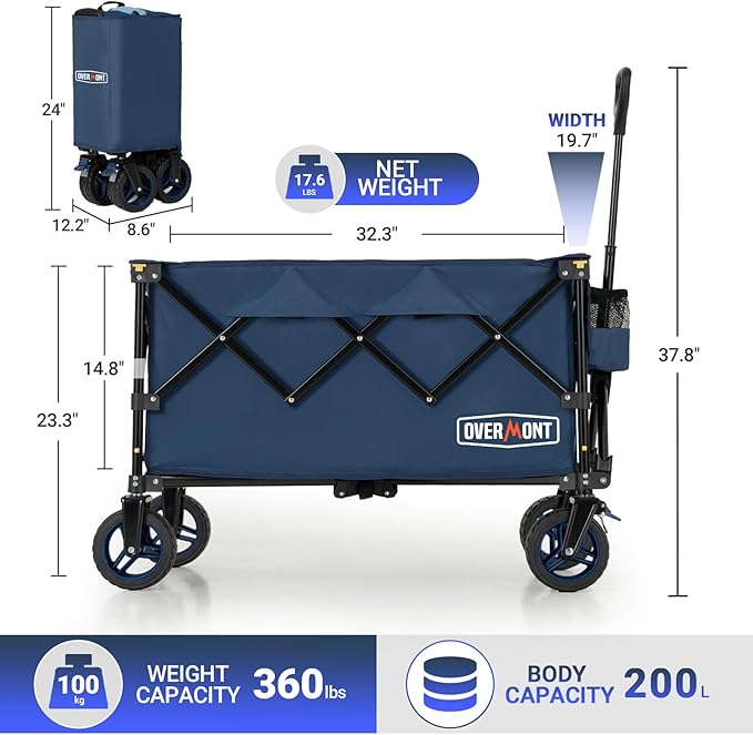 Overmont Ultra-Compact Collapsible Wagon Cart - 200L Portable Folding Wagon with All-Terrain Wheels Utility for Beach, Grocery Shopping, Camping, and Gardening – 360lbs Load Capacity Blue