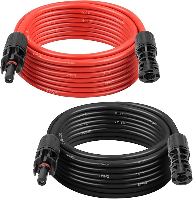 Solar Panel Extension Cable - 8AWG 25FT Solar Wire with Female & Male Waterproof Connector PV Wire for RV, Photovoltaic Systems, Home, Boat, Solar Panels, Car(25 Feet Red + 25 Feet Black)