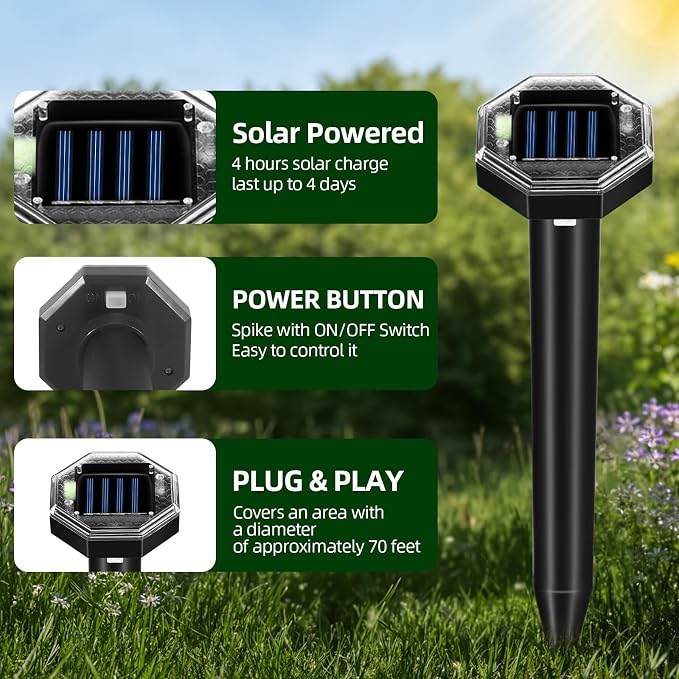 2026 New Mole Repellent Solar Powered, Ultrasonic Gopher Repellent Snake Repellent for Yard Lawn Garden, Waterproof Vole Groundhog Chipmunk Armadillo Squirrel Rodent Deterrent Stakes,8 Pack
