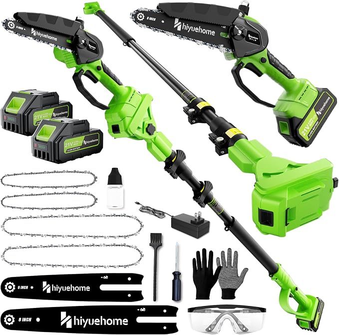 21V Cordless Pole Saw, 4-in-1 180° Rotatable Electric Tree Trimmer with 6/8 Inch Guide Bars,4000mAh Battery & Fast Charger, Telescopic Pole, Brushless Motor for Garden/Farm/Camping