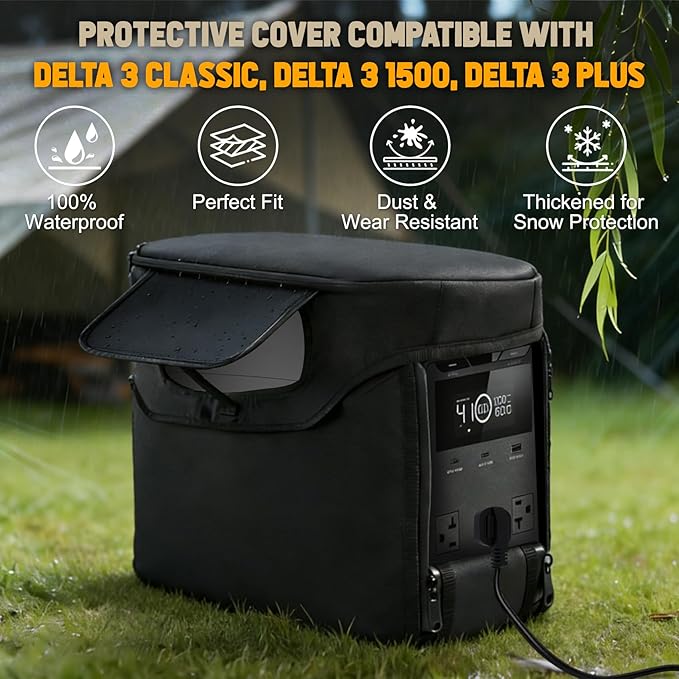 Heavy-Duty Case Compatible with EcoFlow DELTA 3 Series (Plus, Classic, 1500), Waterproof 1680D Oxford Protective Cover with Heat Dissipation Vents & Clear LCD Window (Black)