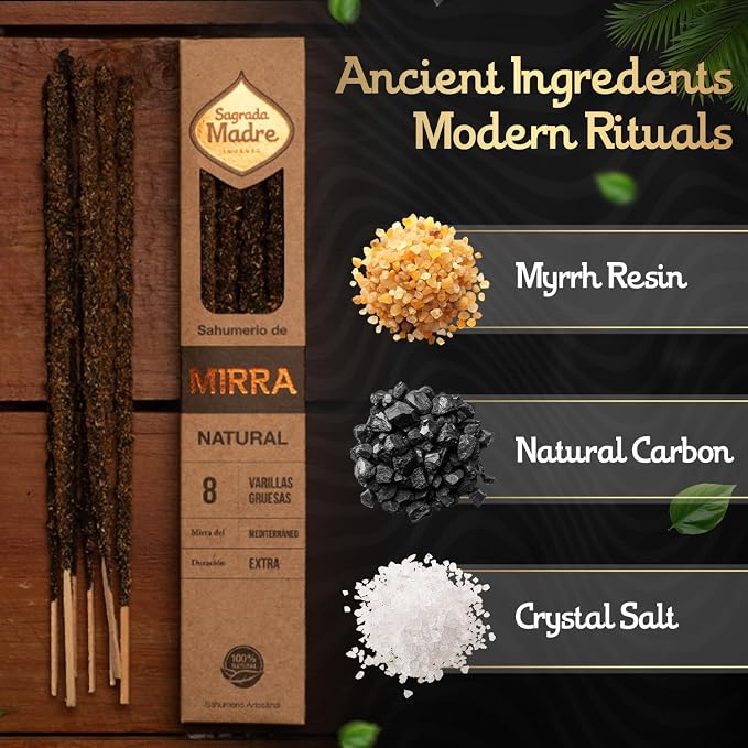Sagrada Madre - 8 Natural Myrrh Incense Sticks, (9" Each) - Handmade with Myrrh Resin Organic, Natural Carbon & Salt for Purification, Healing & Space Cleansing Aromatherapy - 1 Hour Burn Time
