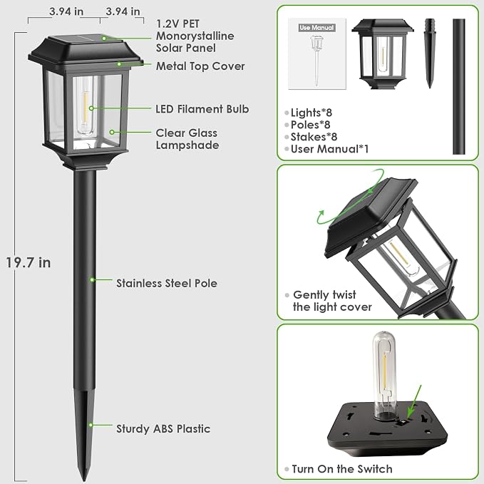Mancra Solar Outdoor Lights Waterproof, 8 Pack Metal Glass Solar Pathway Lights Outdoor Lighting Garden Decor for Landscape Path Yard Patio Driveway (Warm White)