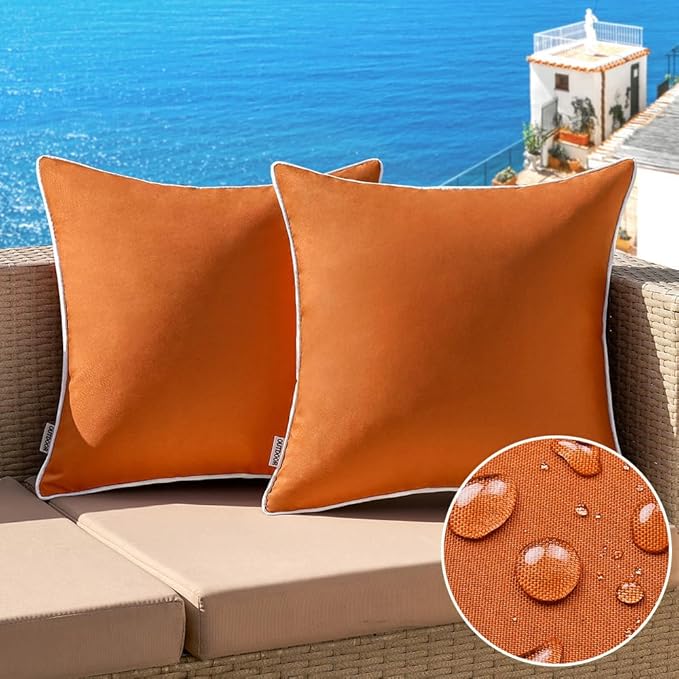 MIULEE Pack of 2 Outdoor Waterproof Pillow Covers Decorative Farmhouse Throw Pillow Covers Square Solid Color Couch Pillow Covers for Patio Tent Bed Sofa Living Room 16x16 Inch Orange