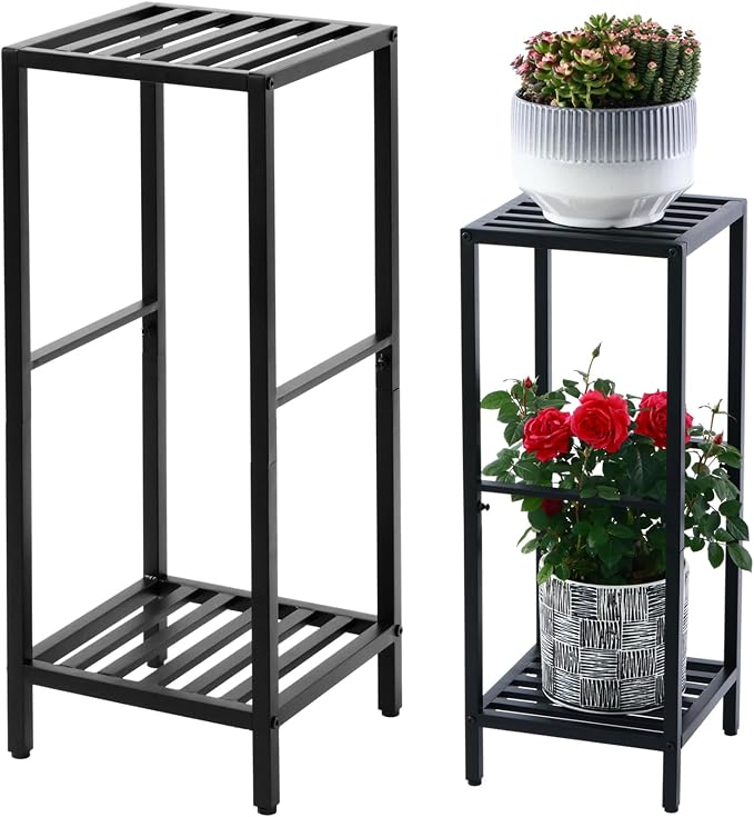Party Zealot 2 Packs of 2-Tier Tall Metal Square Plant Stand 31” Heavy-Duty Modern Flower Pot Rack for Indoor Living Room, Corner Side Table for Outdoor Patio, Garden Planter Holder, Black