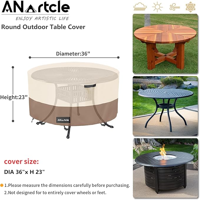 ANartcle Round Patio Table Covers 36inch,100% Waterproof 600D Heavy Duty PatioTable Cover,Round Patio Table Covers for Outdoor Furniture,36"DIA x 23"H,Beige&brown.