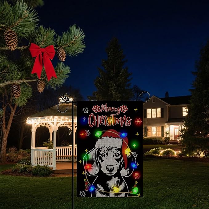 Christmas Dog Garden Flag - Led Dachshund Christmas Decor for Outside, Welcome Garden Flags Double-Sided for Seasonal Winter Farmhouse Yard Lawn Decoration Gifts 12x18 inches