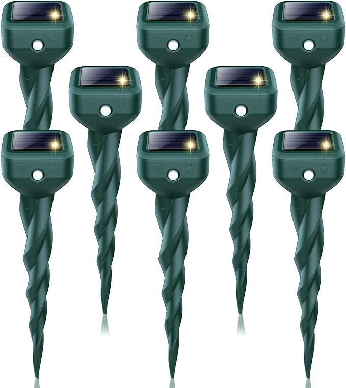 Mole Repellent Solar Powered, 8 Pack Snake & Skunk Repellent for Yard, IP 65 Waterproof Ultrasonic Deterrent Stakes, Get Rid for Rabbit, Gopher, Vole, Chipmunk, Deer, Groundhog for Lawns Garden