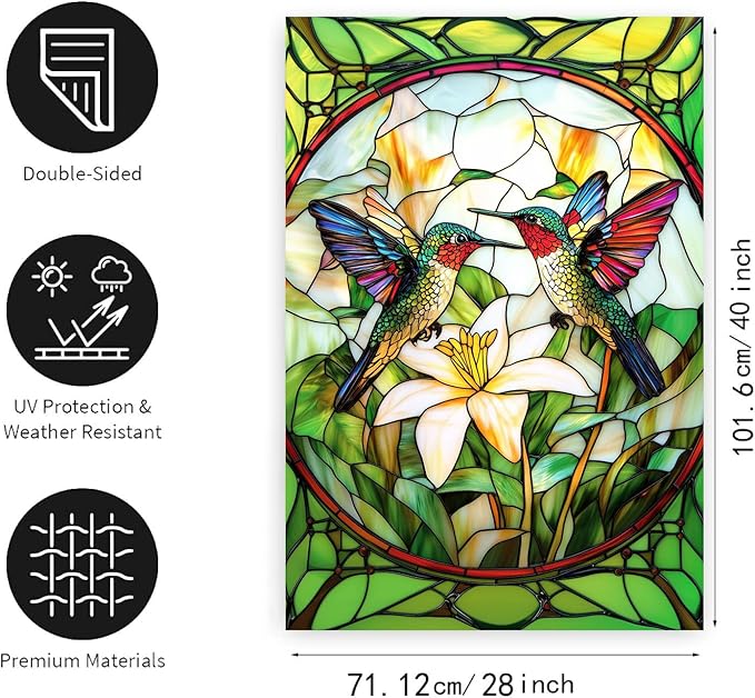 Stained Glass Hummingbird House Flag 28x40 Double Sided Large Decorative Flags For Outside Spring Floral Garden Flag Summer Flower Yard Flags for Lawn Porch Patio Decor