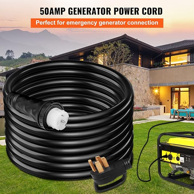 VEVOR 15FT 50 Amp Generator Extension Cord for RV Camper Home Backup, STW 6/3+8/1 AWG Pure Copper Generator Power Cord, NEMA 14-50P to SS2-50R & CS6364 Twist Lock, 125/250V 12500W, ETL Listed
