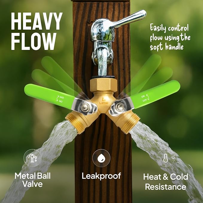 2-Way Hose Splitter – Heavy Duty Brass Y Connector with Stainless Steel Rubbered Handle, 3/4” GHT Thread – Full Flow Garden Hose Splitter for Outdoor Faucets