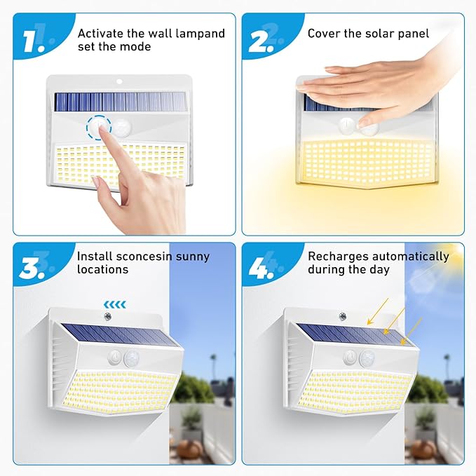 Peasur Solar Outdoor Lights, [4 Packs] Motion Sensor Security Lights with 3 Lighting Modes Wall Lights Waterproof Solar Powered Lights for Garden Yard, White Warm