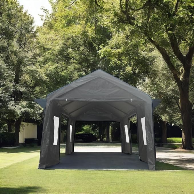 12x20 ft Heavy Duty Outdoor Portable Ventilated Canopy Carports, Garage Car Shelter with Removable Doors and Sidewalls, Grey