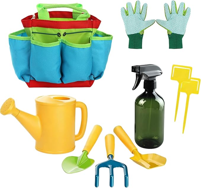 Cididu 8PCS Kids Garden Tools Set, Boys Girls Gardening Kit Tools Including Watering Can, Spray Bottle, Tote Bag, Trowel, Rake, Outdoor Garden Toy Gift for Beach