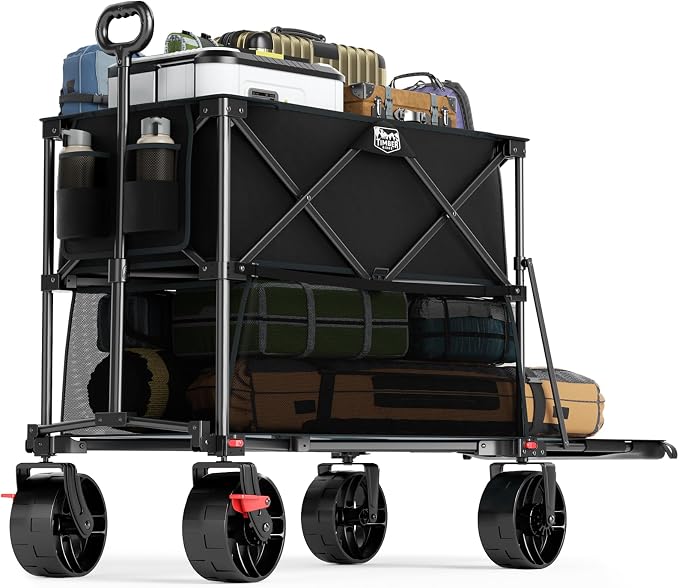 TIMBER RIDGE 400L Large Capacity Folding Double Decker Wagon with Brakes, 54" Extra Long Extender Wagon Cart, 450lbs Heavy Duty Collapsible Cart, All-Terrain Big Wheels for Camping, Sports, Shopping