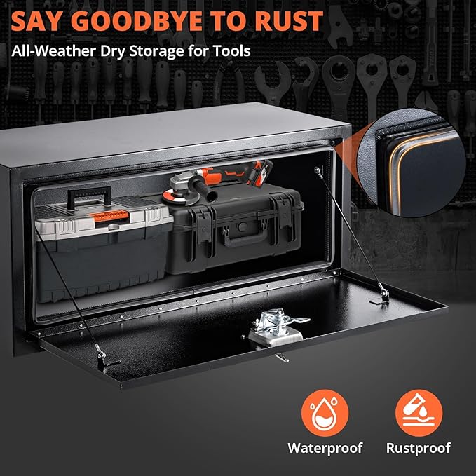 Black Steel Underbody Truck Tool Box with t-Handle Lock & Keys, Heavy Duty Storage Organizer Tool Chest for Pickup Truck Bed, RV & Trailer