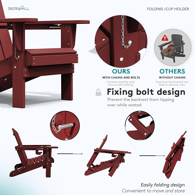 SERWALL Adirondack Chair with Cup Holders - Composite Adirondack Chairs Set of 6 HDPE Outdoor Chairs All Weather Use- Dark Red