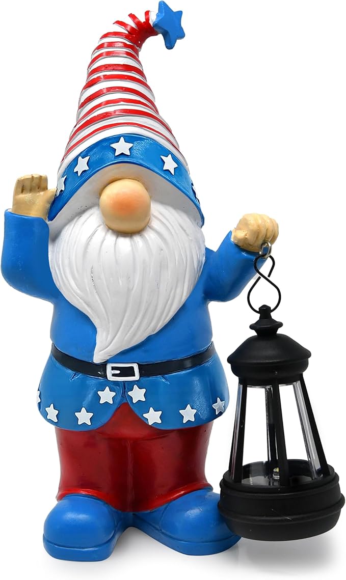 Gift Boutique Patriotic Gnome Decor with Lantern Red White Blue Garden Statue 11in Tall Indoor Outdoor Holiday Yard Decoration Memorial Day 4th of July Porch Accent