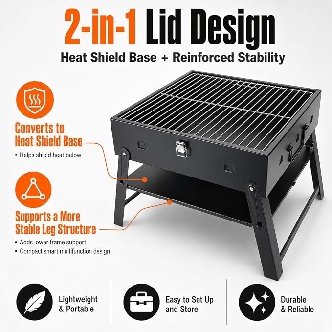 Portable BBQ Charcoal Camping Grill: Tabletop Folding Barbecue Grills with Fire Starter Kit and BBQ Grilling Tool Set, Fathers Day Birthday Grilling Gift for Men Dad Husband