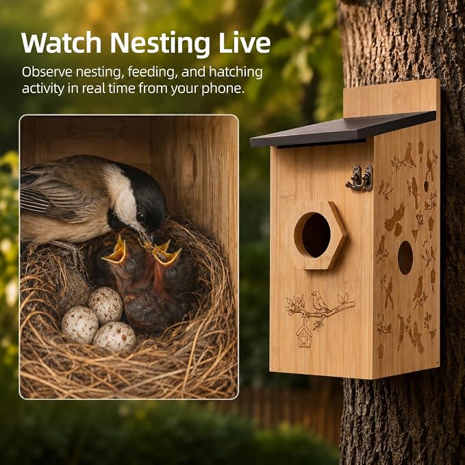 Smart Bird House with Camera, Wooden Birdhouse for Outdoor Bird Watching, App Live View, Color Night Vision, Motion Detection, 2-Way Audio, Waterproof Backyard Bird Nesting Box