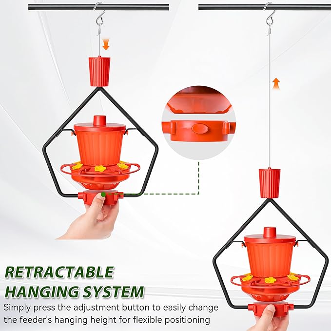 Retractable Hummingbird Feeder – 6 Feeding Ports, Leak-Proof, Ant & Bee Proof, Easy Top-Fill & Easy to Clean, Durable ASA Plastic, 18.5 oz Capacity, Adjustable Hanging System with 44" Extension(Red)