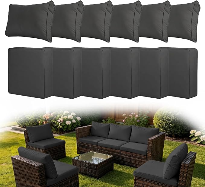 12 Pcs Patio Cushion Covers, Outdoor Rattan Sectional Sofa Cushion Covers, Replacement Washable & Reusable Furniture Protector for Patio Couch (12Pcs-Gray, 25.6 * 25.6 * 4-inch)