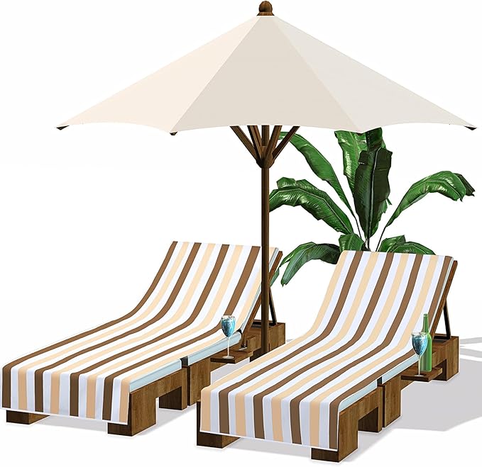 Fumete 2 Pack Lounge Chair Covers 30 x 85 Inch Pool Chaise Lounge Towels Microfiber Beach Chair Towel Portable Striped Outdoor Patio Furniture Cover for Sunbathing Picnic Spa(Beige and Camel)