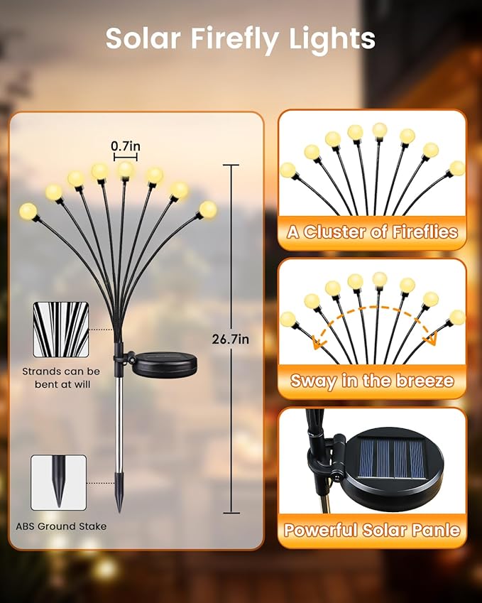 OZS 4 Pack Total 32 LED Solar Garden Lights Fairy Outdoor - Solar Firefly Lights Outdoor, Sway by Wind, Waterproof for Garden Patio Pathway Fairy Decoration (Warm White)