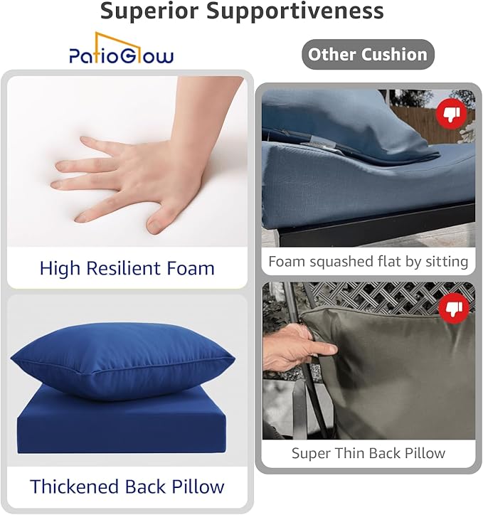 PatioGlow Outdoor Seat Cushion Set 22 x 22 x 4 Inch, Waterproof & Fade Resistant Patio Furniture Cushions with Removable Cover and Ties, Thick Deep Seating Pads for Outside Chair Sofa Couch, Blue