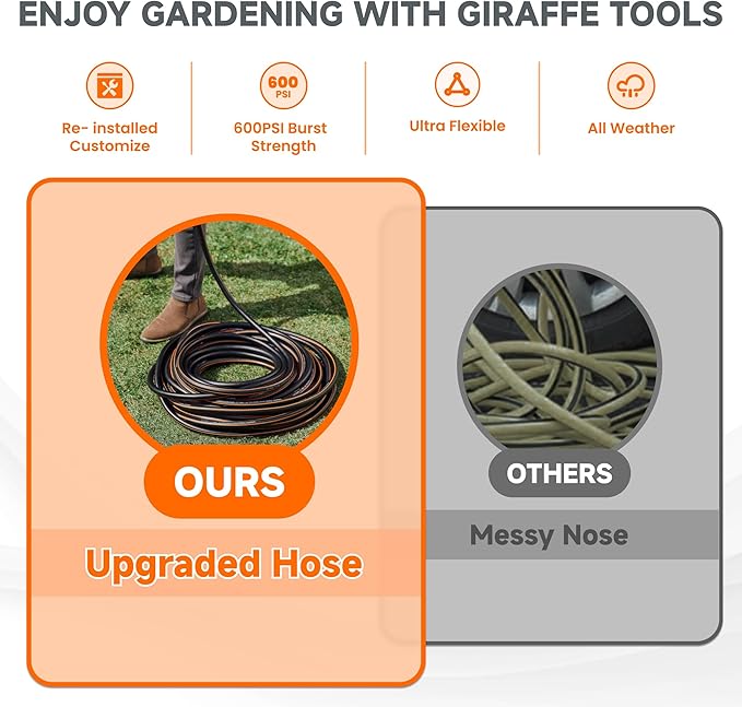 Giraffe Tools Garden Hose 5/8", Custom Length, Heavy Duty, No Kink, Flexible, Rubber Garden Hose, Leakproof Water Hose, 600 Burst PSI, 5ft Female to Female Hose