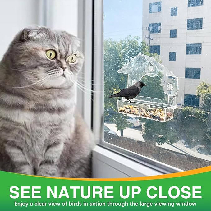 2PCS Window Bird Feeder with 4 Extra Strong Suction Cups, Clear Birdfeeders Bird House for Outdoors Window Viewing Outside, Removable Tray Birdhouse